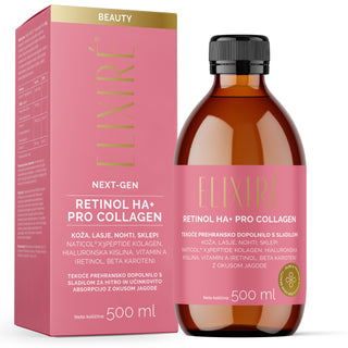 Elixiré RETINOL HA+ PRO COLLAGEN, 500 ml steklenica tekočega kolagena z okusom jagode. Prehransko dopolnilo s 5000 mg NATICOL® X3PEPTIDE ribjega kolagena na odmerek, s hialuronsko kislino, vitaminom A (retinol, beta karoten) in vitaminom C, za podporo kože, las, nohtov in sklepov.
