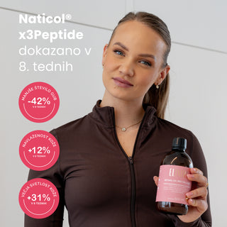 Elixiré RETINOL HA+ PRO COLLAGEN, 500 ml steklenica tekočega kolagena z okusom jagode. Prehransko dopolnilo s 5000 mg NATICOL® X3PEPTIDE ribjega kolagena na odmerek, s hialuronsko kislino, vitaminom A (retinol, beta karoten) in vitaminom C, za podporo kože, las, nohtov in sklepov.