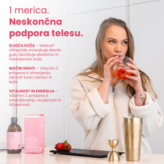 Elixiré RETINOL HA+ PRO COLLAGEN, 500 ml steklenica tekočega kolagena z okusom jagode. Prehransko dopolnilo s 5000 mg NATICOL® X3PEPTIDE ribjega kolagena na odmerek, s hialuronsko kislino, vitaminom A (retinol, beta karoten) in vitaminom C, za podporo kože, las, nohtov in sklepov.