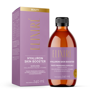 Elixiré Hyaluron Radiance Skin Booster z okusom borovnice in hialuronsko kislino za sijoč videz kože.