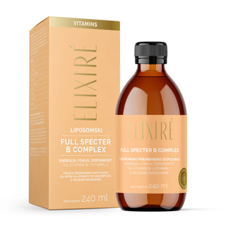 Elixiré liposomski B kompleks – tekoče prehransko dopolnilo z vitamini B in vitaminom C za energijo, fokus in odpornost, z okusom mandarine.